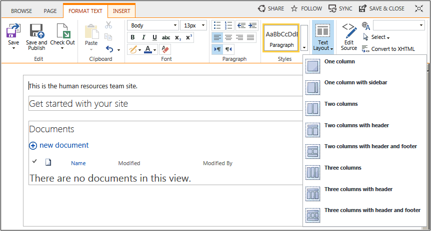 A screenshot of the Format Text tab, showing the layout options available from the Text Layout split button.