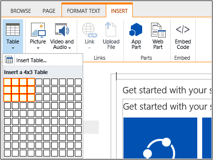 A screenshot of the Insert tab with Table spit button clicked. A grid of squares is displayed that can be used to create a table. In the screenshot, four columns by three rows is selected in the grid which would result in the insertion of a 4x3 table.