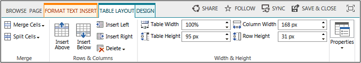 A screenshot of the Table Layout tab.