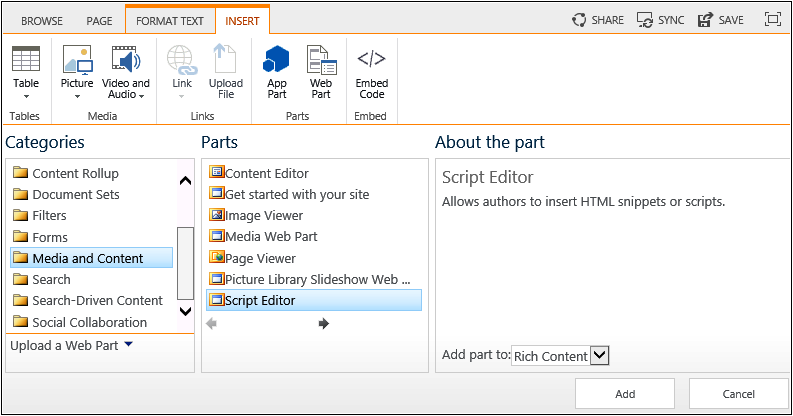 A screenshot of the Web Part pane. The Web Part pane is divided into three sections: under Categories, Media and Content is selected. Under Parts, the Script Editor Web Part is selected. Under About the part, the text, Allows Authors To Insert HTML Snippets Or Scripts, is displayed.