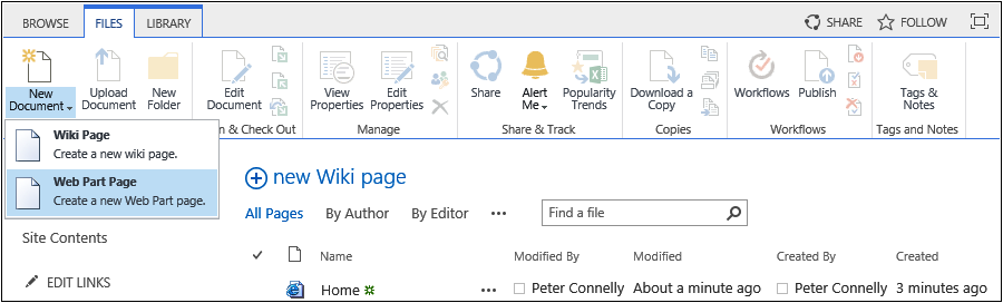 A screenshot of the Files tab with the New Document split button clicked, showing the two options that relate to the content types: Wiki Page and Web Part Page.