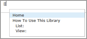 A screenshot that displays where two square brackets have been typed with the drop-down menu displaying pages previously created in the Site Pages wiki library.