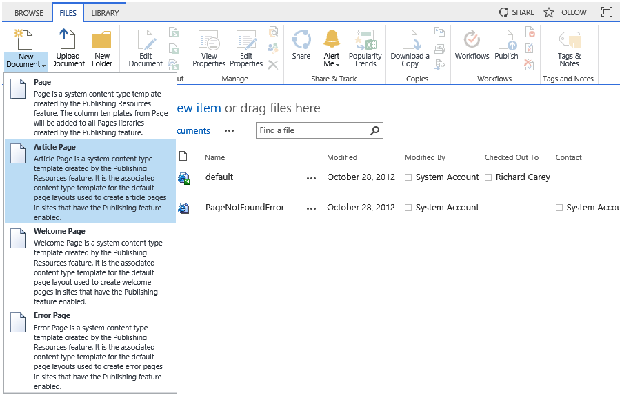 A screenshot of the Files tab, with the New Document split button selected, showing the content types, Page, Article Page, Welcome Page, and Error Page.