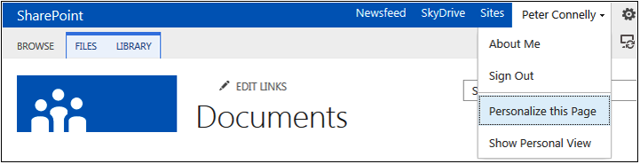 A screenshot of a page when the down arrow to the right of a person’s name is clicked, showing the options, About Me, Sign Out, Personalize This Page, and Show Personal View.