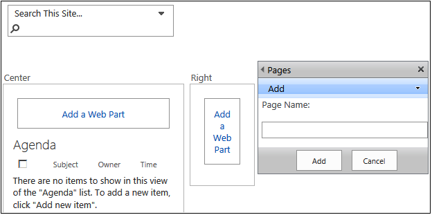 A screenshot of a Meeting Workspace Web Part page in edit mode showing two web part zones and a Pages task pane. In the Pages task pane is a Page Name text box, where you can type the name of the new page you want to create.