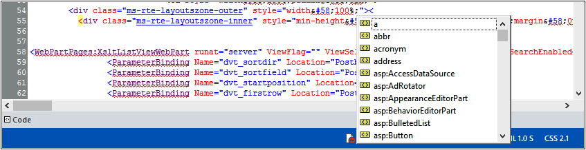 A screenshot of SharePoint Designer’s Code view once Ctrl+Enter has been pressed, showing the drop-down list of available code snippets.