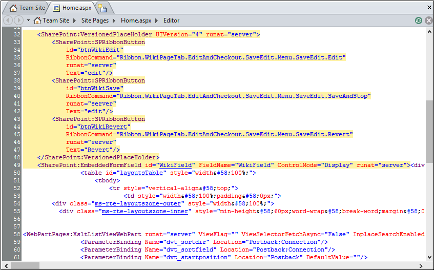 A screenshot of SharePoint Designer’s Code view when editing a wiki page in normal mode. Code inside the EmbeddedFormField control has a white background and code outside the control has a yellow background.