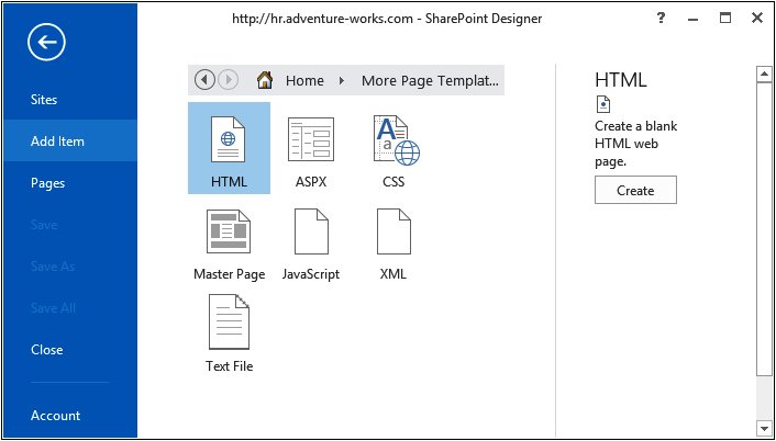 A screenshot of the Backstage view of SharePoint Designer. The Add Item is selected and in the middle pane HTML is selected.