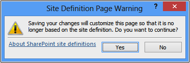 A screenshot of the Site Definition Page Warning dialog box.