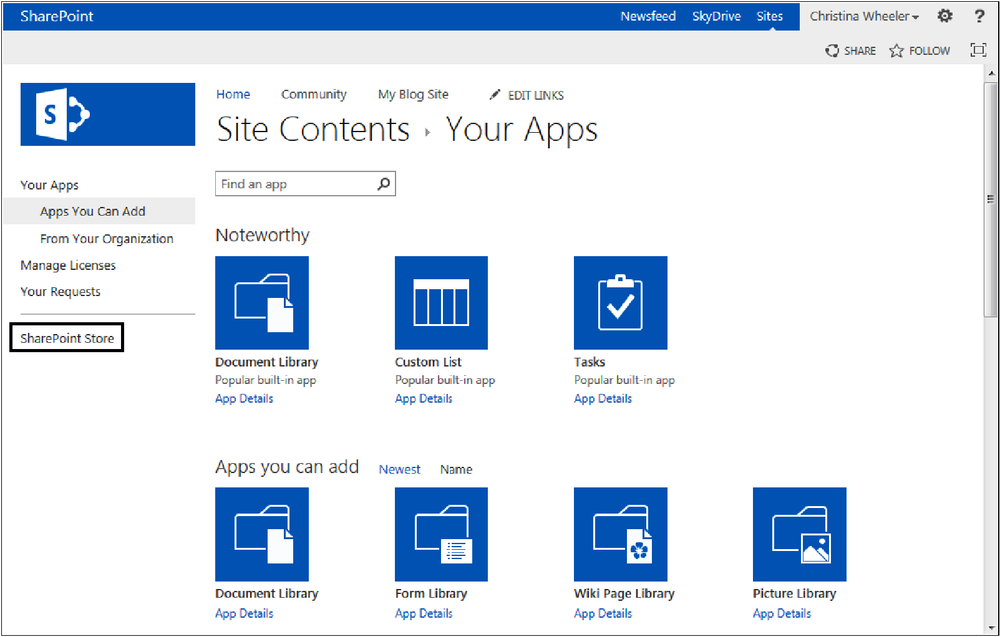 A screenshot of the Site Contents Your Apps page displaying the SharePoint Store link located in the left navigation.