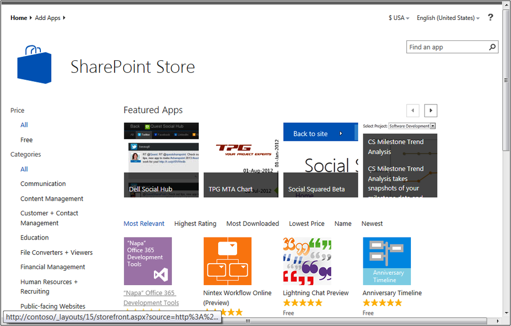 A screenshot of the SharePoint Store displaying Featured Apps, as well as navigation to filter between categories, free, and paid apps.