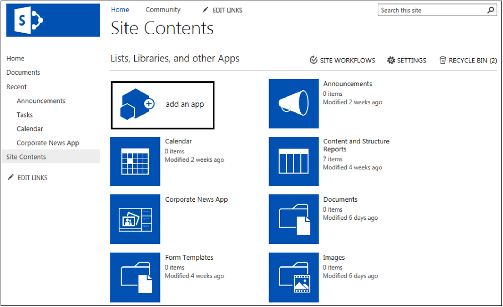 A screenshot of the Site Contents page displaying the Add An App link and a list of the existing content.