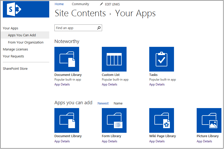 A screenshot of the Site Contents Your Apps page for creating a new app displaying some of the available Apps to select from.