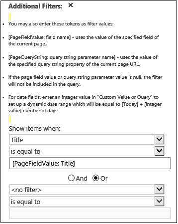 A screenshot of the Content Query Web Part Tool pane displaying the PageFieldValue and PageQueryString filters.