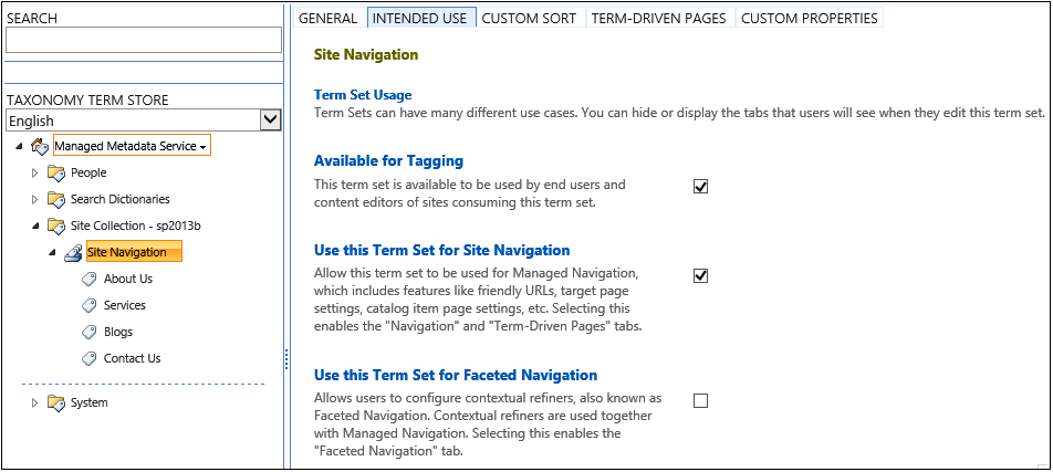 A screenshot of the Managed Metadata Term Store displaying the settings for Site Navigation and Intended Use properties.