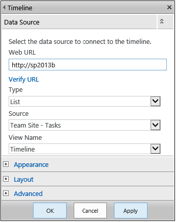 A screenshot of the edit tool pane for the Timeline Web Part to update the settings. The Web URL, Type, Source, and View Name have been set.