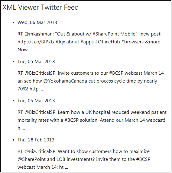 A screenshot of the XML Viewer Web Part displaying results pulling the SharePoint Twitter feed.