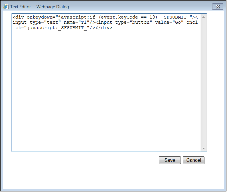 A screenshot of the Source Editor dialog for the HTML Form Web Part displaying some HTML markup for a Go button.