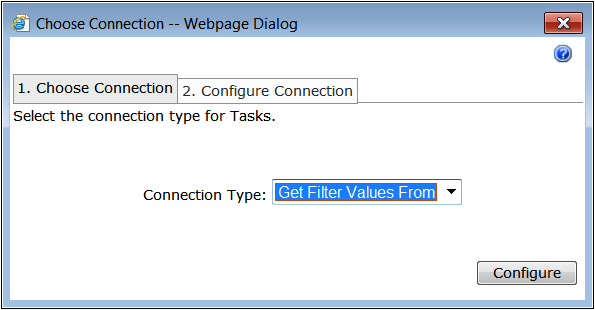 A screenshot of the Connections dialog for the HTML Form Web Part displaying the Choose Connection tab with the Connection Type set to Get Filter Values From selected.