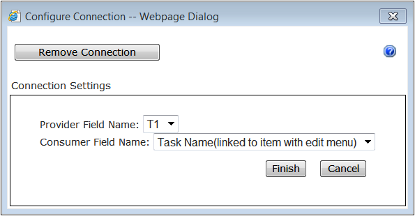 A screenshot of the Connections dialog for the HTML Form Web Part displaying the Configure Connection selected tab. There is a Provider Field Name drop-down with T1 selected and a Consumer Field Name drop-down with Task Name selected.