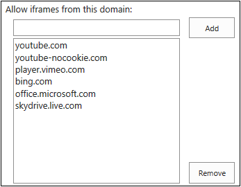 A screenshot of the Script Editor Web Part dialog for adding domains you want to allow for the iframes.