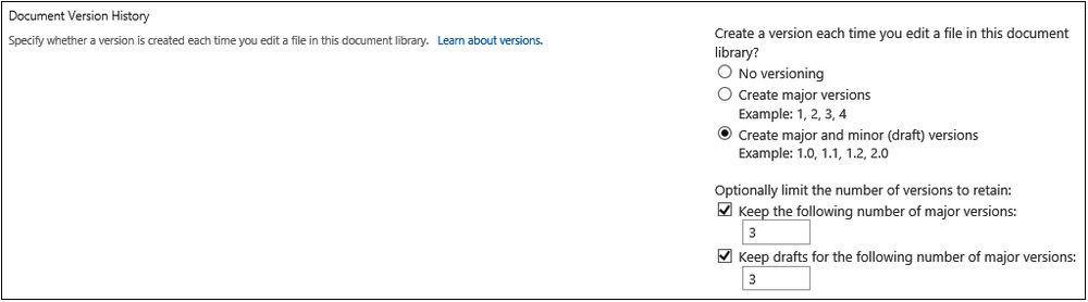 Document Version History section of the Version Settings page. The user is keeping the last three major and minor versions.