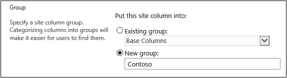 The Group section of the Create Site Column page. The user has selected New Group and provided a group name of Contoso.