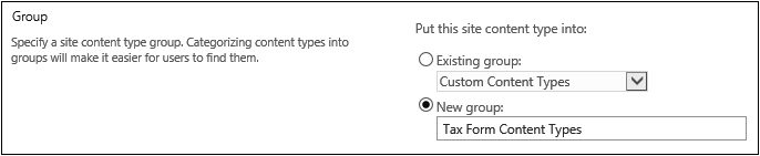 The Group section of the create Content Type page. The user has selected New group and provided a group name of Contoso.