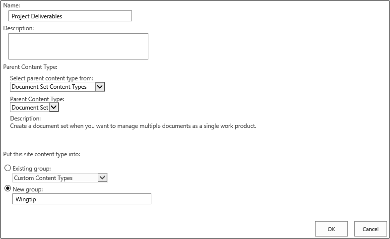 Settings page for a new content type. The settings reflect a new Document Set content type.