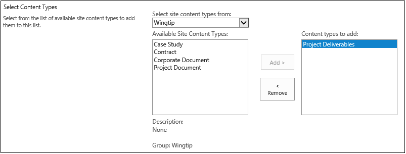 Select Content Types section of the add Content Type page. Project Deliverables, the new document set, is selected.