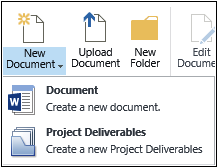 New Document menu in the Document Library ribbon shows Project Deliverables as an option for creation.