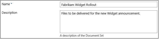 New document set page presents Name and Description when creating the document set.