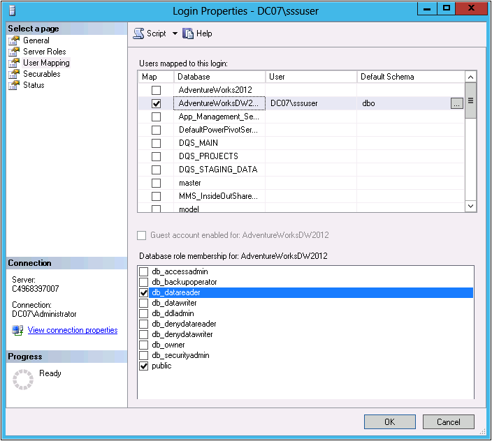 Screenshot of the SQL Server Login Properties dialog showing the User Mapping properties for the Active Directory account.