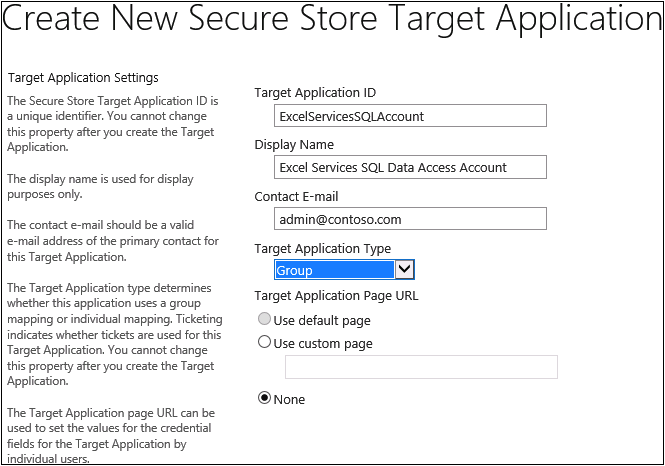 Screenshot of the Create New Secure Store Target Application screen in Central Administration.