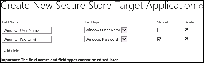 Screenshot of the Create New Secure Store Target Application in Central Administration displaying the Field Name, Field Type, Masked, and Delete options for the credentials.