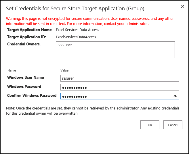 Screenshot of the Secure Store Target Application screen to set the Windows User Name and Windows Password Credentials.