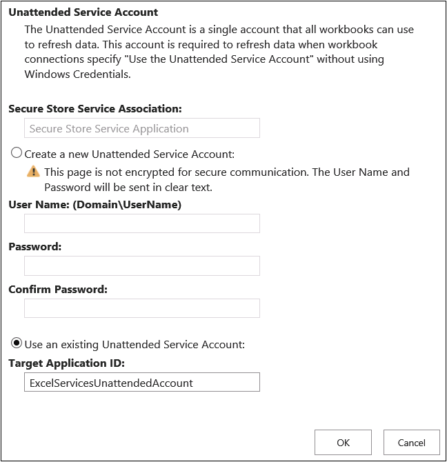 Screenshot of the Excel Services Global Settings page in Central Administration displaying the selected setting for the Unattended Service Account setting the Target Application ID to ExcelServicesUnattendedAccount that was created in previous steps.