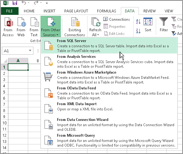 Screenshot of Excel displaying the drop-down button options for getting external data from other sources. Connections include SQL Server, Analysis Services, Windows Azure Marketplace, OData Data Feed, XML Data Import, Data Connection Wizard, and From Microsoft Query.