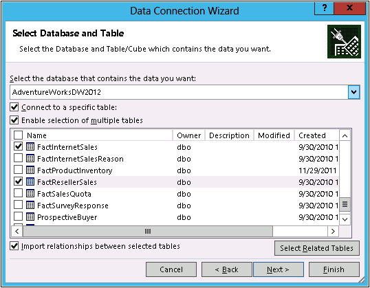 Screenshot of the Data Connection Wizard from Excel displaying the options for selecting the database and tables for the database.