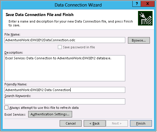 Screenshot of the Data Connection Wizard screen from Excel displaying the options to set the File Name, Description, Friendly Name, Search Keywords, and Authentication Settings.