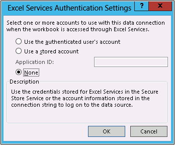 Screenshot of the Excel Services Authentication Settings dialog in Excel to set the Excel Services authentication type. The setting is set to None to use the credentials stored for the user in the SSS that was configured in Central Administration in previous steps.