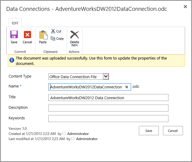 Screenshot of the dialog that displays when you upload a connection file to the data connections library. The Content Type is updated to Office Data Connection File and the Name and Title values are displayed. The optional Description and Keywords properties are not set.