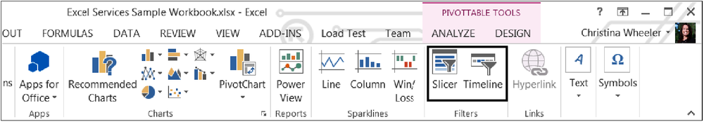 Screenshot of the Excel client ribbon displaying the selected PivotTable Tools tab highlighting the Slicer and Timeline ribbon buttons.