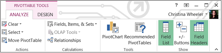 Screenshot of the Field List and Field Headers ribbon buttons located in the PivotTable Tools ribbon in the Excel Client. The buttons are on the right side of the ribbon.