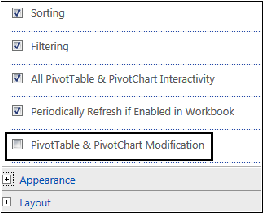 Screenshot of the Excel Access Web Part settings that are accessed from the tool pane of the web part. The PivotTable and PivotChart Modification checkbox are highlighted showing that this option is disabled by default and must be checked to enable.