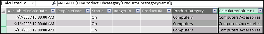 A screenshot example of a workbook that contains a calculated column using a related formula. The calculated column is displayed on the right of the ProductCategory column.