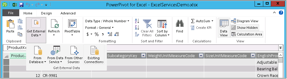 Screenshot of the PowerPivot Window Home tab options. Displays the available drop-down menu items for Get External Data which include From Database, From Data Service, From Other Sources, and Existing Connections.