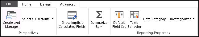 Screenshot of the PowerPivot Window Advanced tab options in Excel 2013 displaying the ribbon buttons for Perspectives and Reporting Properties.