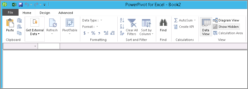 Screenshot of the PowerPivot Window tab options in Excel 2013 displaying the Get External Data ribbon button.