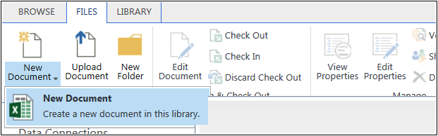 Screenshot of the PowerPivotDocuments document library displaying the New Document menu option located under the Files tab.